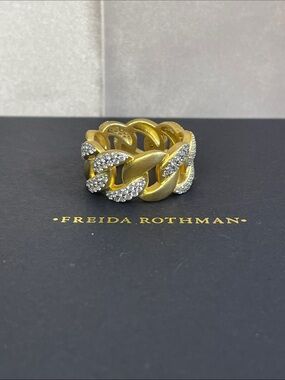 Freida Rothman S925 Gold & Silver "Armor of Hope" Pavé Cuban Ring NWT $295 MSRP
